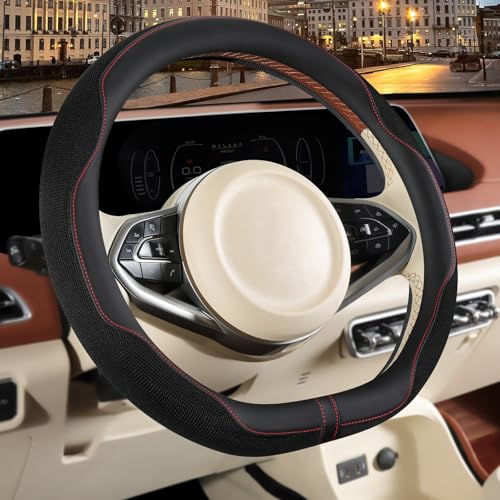 14 inch D Shaped Steering Wheel Cover for Prius Civic, Nappa Microfiber Leather Non-Slip Breathable Fabric, Warm in Winter and Cool in Summer, Black Small 13.5 inch to 14 inch - color: Black, size: D Shape-S[13.5''-14'']
