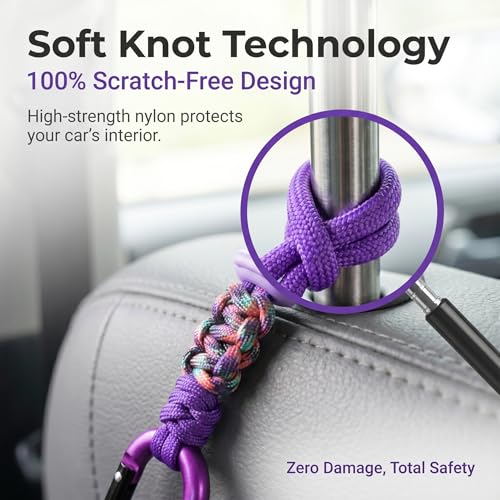 Car Seat Back Hooks 2 Pack - Heavy Duty Rope & Metal Buckle Car Hangers, No Wobble Multi-Purpose Organizer for Grocery Bags, Backpacks, Umbrellas, Trash Bags (Fit Most Vehicles) Purple - color: Purple