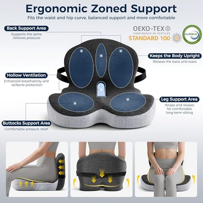 Seat Cushion, Office Chair Cushions for Tailbone Relief, Seat Cushions for Office Chair with L-Shaped Ergonomic Design & Adjustable Strap, Memory Foam Chair Cushion for Long Sitting Worker(Black Gray)