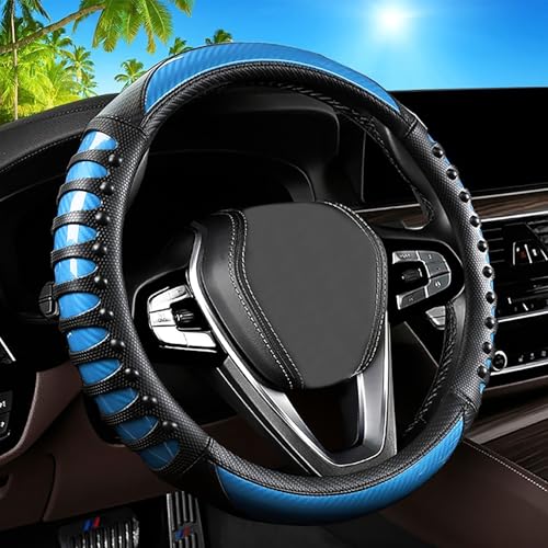 Car Leather Steering Wheel Cover - Carbon Fibre Material, Universal 14.5-15 Inch Leather Anti-Slip Breathable Auto Steering Wheel Covers for Men Women (3D Massage - Sky Blue) - color: 3D Massage - Sky Blue