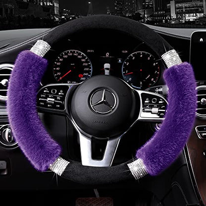 Achiou Rhinestone Fluffy Steering Wheel Cover - Comfortable Non-Slip Luxury Faux Wool, Universal Fit for 14.5" to 15" Steering Wheels - color: Black and Purple