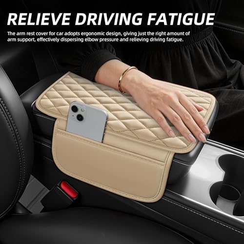 Waterproof Leather Car Center Console Pad with 2 Storage Bags, Auto Armrest Box Cover Protector, Comfortable Interior Accessories for Most Household Cars, Sedans & SUV (Cream)