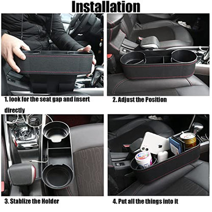 Car Cup Holder Seat Gap Organizer, Multifunctional Cup Drink Holders with PU Leather Cover,Side Insert Center Console Gap Filler Storage Box for Mug Bottle CellPhones Keys Coffee Coasters Cards - color: black