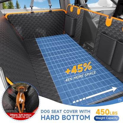 Dog Car Seat Cover for Back Seat Waterproof Oxford Fabric, Hard Bottom Back Seat Extender for Dogs Scratchproof, Dog Hammock for Car with Mesh Window, Fit Most Cars Small Trucks, Black Orange