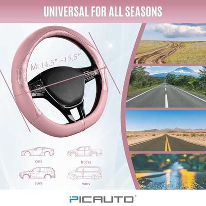 PIC AUTO Steering Wheel Cover, Pink Patterned Leather Patchwork Design, Universal Fit 14.5"–15.5" D-Shape Steering Cover, Soft PU Grain Leather, Durable Grip Car Accessory for Girls & Women - color: Fits D-Shape Pink