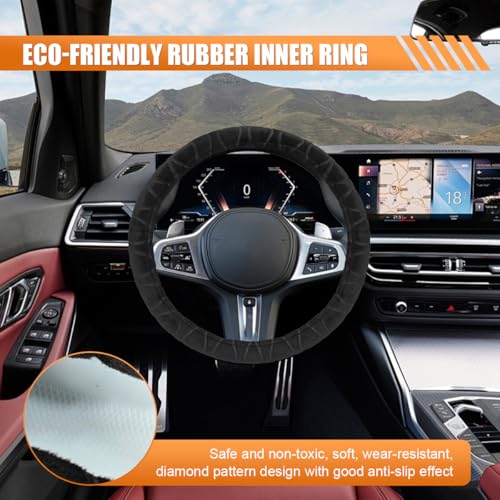 Car Steering Wheel Cover, 15" Fluffy Plush Auto Steering Wheel Elastic Protector, Warm in Winter, Breathable Anti-Slip Vehicle Interior Decoration Accessories for Most Cars (Black)