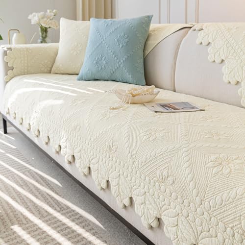 Cotton Quilted Dog Couch Cover for Sofa Farmhouse Rustic Embroidery Sectional Couch Cover Soft Anti-Slip Sofa Slipcover Furniture Protector for Kids, Pets (Ivory,28"x70") - color: Ivory, size: 28"x70"/Rectangular
