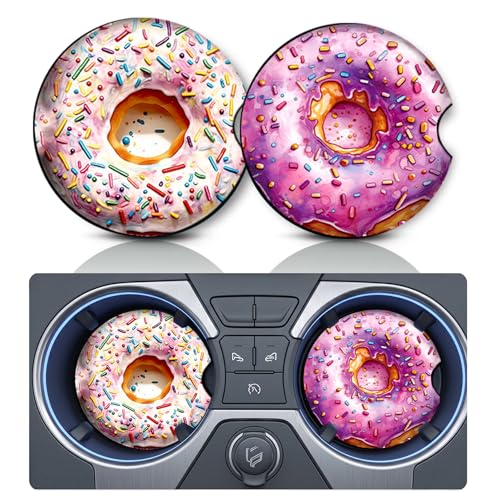 2PCS Donut Car Cup Holder Coasters, Cars Coasters for Cup Holders, 2.75" Universal Anti Slip Rubber Mat with Finger Slot, Cute Sprinkles Car Accessories Interior Decor, Donut Gifts for Women, Men - color: Iced Donut