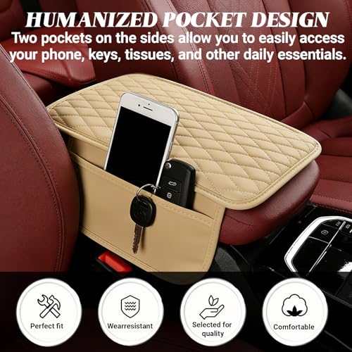 Car Center Console Cover, Upgraded Microfiber Car Armrest Cover Cushion, with 2 Storage Bags Scratch, Resistant Leather Cars Armrest Storage Box Universal Vehicles Accessories (Beige) - color: Beige