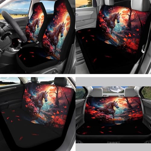 Horse Flower Printed 15 Pcs Car Seat Cover Set, Protective Car Accessories Set Front Rear Seat Covers Seat Belt Covers Steering Wheel Cover Car Headrest Cover Car Coaster - color: Brown and Black-Horse Flower