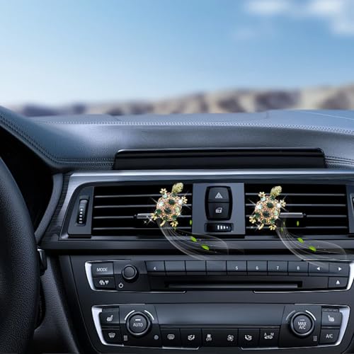 ORIESSE Green Sea Turtle Coastal Car Decor, 2pcs Turtle Car Air Freshener Vent Clips,Sparkling Beach Ocean Themed Dashbaord Decorations Accessories for Women,Rhinestone Refillable Diffuser