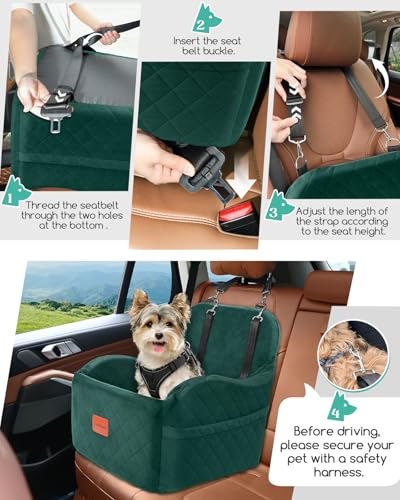 Lealchum Dog Booster Car Seat for Small/Medium Dogs,6in Elevated Cushion,Fully Detachable and Washable,2 Storage Pockets & 3 Straps,Fits in Front/Back Seat,Easy to Install (Green,Medium) - color: Green