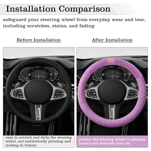 Purple Camellia Lambswool Steering Wheel Cover, for Universal Auto Steering Wheel 14.5-15 in, Lambswool Fabric, Anti-Slip, Soft Plush, Comforting and Luxurious, Embroidery Patterns, Soft Texture - color: Purple