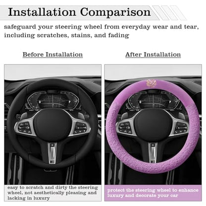 Purple Camellia Lambswool Steering Wheel Cover, for Universal Auto Steering Wheel 14.5-15 in, Lambswool Fabric, Anti-Slip, Soft Plush, Comforting and Luxurious, Embroidery Patterns, Soft Texture - color: Purple
