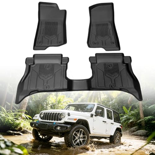 Floor Mats for Jeep Wrangler 4XE 4 Door 2021-2026 (Not for JL, JK or 2 Door), Custom Fit Heavy Duty TPE All Weather Protection, Waterproof Non-Slip Black Car Liners (Two-Row Floor Mats) - style: 10) For Jeep Wrangler 4XE 4 Door | 2021-2026 | 1st & 2nd Row