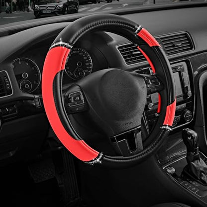 Road Comforts Leather Steering Wheel Cover - Made with PVC Leather - Anti-Slip, Universal Fit 14 1/2 inches to 15 inches - Red - color: Red