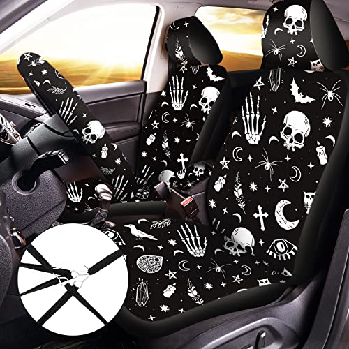Tallew 26 Pieces Skeleton Cat Moon and Stars Car Seat Cover Full Set for Women Men Rubber Steering Wheel Cover License Plate Frame Mirror Covers Moon and Stars Car Accessories for SUV Truck(Skeleton)