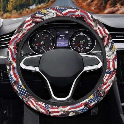 AFPANQZ Car Steering Wheel Cover Sweat Absorption Safe Driving, American Eagle Print Anti-Slip Steering Wheel Protector No Smell Fashion Machine Washable Universal - color: American Eagle Print