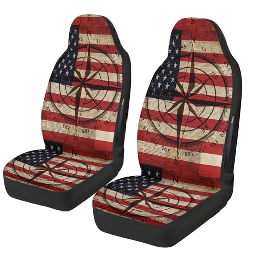 Front Car Seat Covers, American Flag Compass Print Comfortable Breathable Car Front Seat Cover Waterproof, Universal Auto Seat Cover Compatible with Airbag, Easy to Install, Set of 2 - color: American Flag Compass - Red and Beige