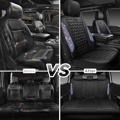 CAR PASS Bling Diamond Black Leather Car Seat Covers Full Set Interior Sets, Waterproof Shining Glitter Sparkly Crystal Armrest Fit Automotive Truck SUV Cute Women Girl, Bedazzed Iridescent Rhinestone - color: Bedazzed Rhinestone, size: Full Set