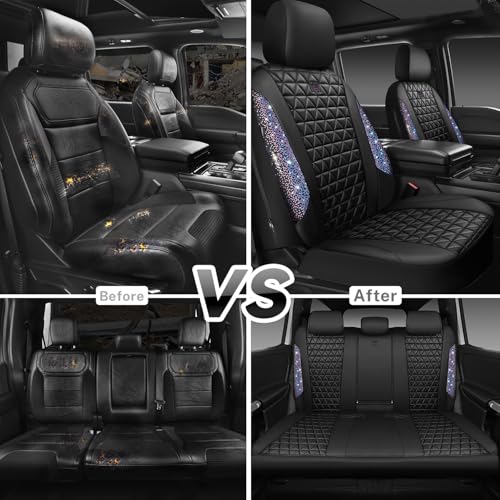 CAR PASS Bling Diamond Black Leather Car Seat Covers Full Set Interior Sets, Waterproof Shining Glitter Sparkly Crystal Armrest Fit Automotive Truck SUV Cute Women Girl, Bedazzed Iridescent Rhinestone - color: Bedazzed Rhinestone, size: Full Set