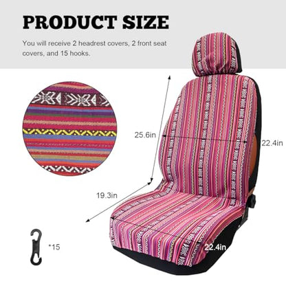 4PCS Baja Saddle Blanket Car Seat Covers, Front Set Breathable Washable Seat Covers with Seatbelt Pad, Striped Woven Cloth Airbag Compatible Seats Protector for Most Vehicles (Pink) - color: Pink, 4PCS