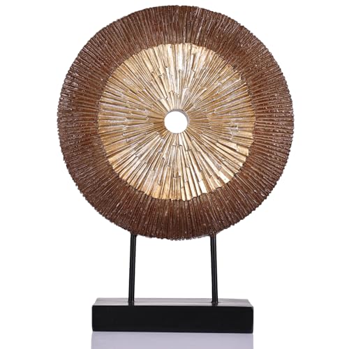 12" Tall Abstract Brown Gold Round Sculpture - Unique Wood Color Home Decoration for Above Cupboard Decor, Living Room Coffee Table, Console, Office, Entrance, Table Centerpieces (Brown Gold) - color: Brown Gold