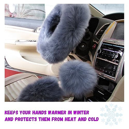 Ziciner 3PCS Wool Steering Wheel Cover with Fuzzy Handbrake Cover & Gear Shift Cover, Universal 15 Inch Steering Wheel Fluffy Soft Protector, Comforting Warm Car Decoration for Women Men (Gray) - style: Gray