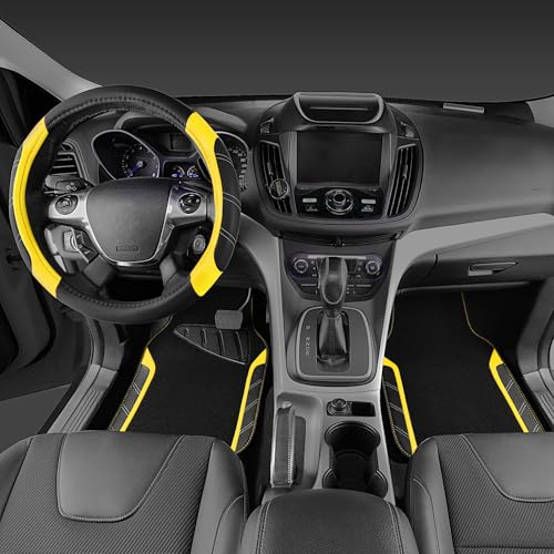 CAR PASS Leather Steering Wheel Cover and Waterproof Car Floor Mats,Microfiber Universal Car Combo Fit for 95% Sedan SUV Van Truck,14.5-15 inch Sporty Anti-Slip Safety Comfortable Design, Black＆Yellow - color: Black&Yellow