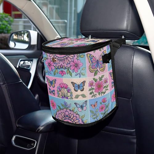 MNSRUU Car Trash Can with Lid, Flowers Butterflies Spring Car Trash Bag Hanging Organizers and Storage for Front Back Seat, Leak-Proof Trash Bin - color: Butterflies A17685