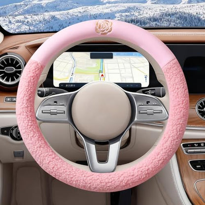 Pink Camellia Lambswool Steering Wheel Cover, for Universal Auto Steering Wheel 14.5-15 in, Lambswool Fabric, Anti-Slip, Soft Plush, Comforting and Luxurious, Embroidery Patterns, Soft Texture - color: Pink