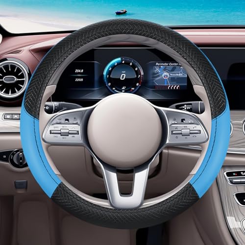 Black & Blue Car Steering Wheel Cover, Microfiber, Leather Patchwork, Universal 14.5-15 Inch Leather Anti-Slip Breathable Auto Steering Wheel Covers for Men Women - color: Black & Blue