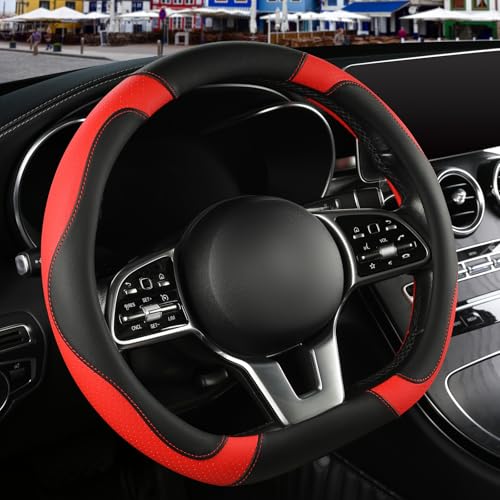 Microfiber Leather D Shaped Steering Wheel Cover, Breathable, Anti Slip, 13.5 inch to 14 inch, Black with Red - color: Black Red, size: D Shape-Small[13.5''-14'']