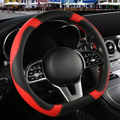 Microfiber Leather D Shaped Steering Wheel Cover, Breathable, Anti Slip, 13.5 inch to 14 inch, Black with Red - color: Black Red, size: D Shape-Small[13.5''-14'']