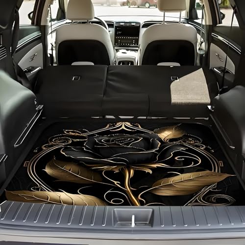 Universal Car Trunk Mat 29" x 39", Black and Gold Roses All Weather Trunk Protection Cargo Liner, Durable Cargo Mat Rear Trunk Liner, Stylish Vehicle Interior Accessories Suitable for Most Car Models - color: Black and Gold Roses