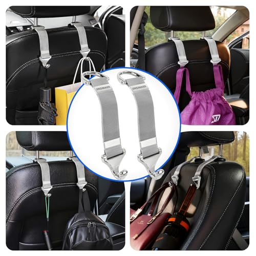 Car Seat Headrest Hooks and Purse Hook for Car 2 Pack Silver – Alloy Braided Chain Storage Hook for Purse, Handbag, Grocery Bags – Interior Organizing Car Accessories