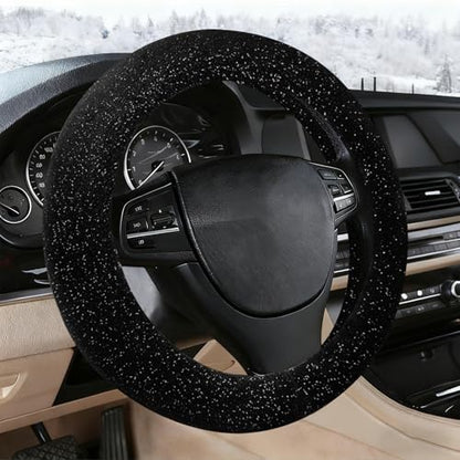 Black Bling Starry Sky Furry Steering Wheel Cover, Universal 14.5-15 Inch Winter Plush Warm Steering Wheel Cover, Soft Fluffy, Anti-Slip Design, Soft Texture - color: Black Starry Sky Plush
