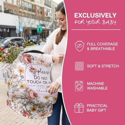 Metplus Car Seat Cover Baby Girl, No Touch Sign Carseat Canopy, Nursing Breastfeeding Covers, Stretchy Universal Fit, Multi-Use for Stroller/Shopping Cart/High Chair, Baby Shower Gift - color: STOP Flower