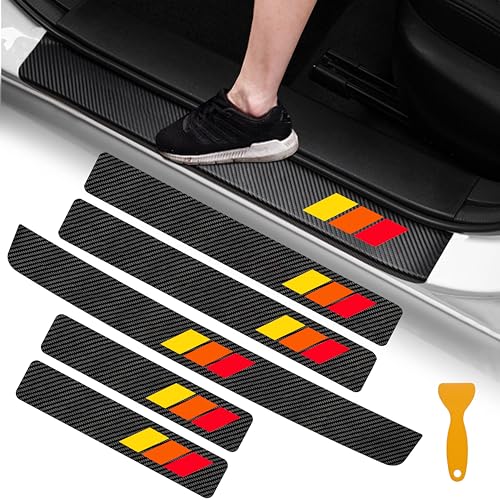 YOSRTER 5PCS Door Sill Guard Stickers Fit for Toyota Accessories Tacoma 4Runner Tundra TRD Rav4 Highlander Tri-Color Fiber Leather Door Sill Protector (Red/Orange/Yellow) - color: Red/Orange/Yellow