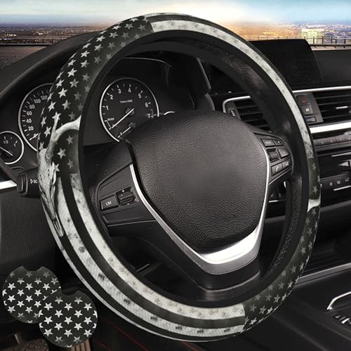 Black White American Flag Steering Wheel Cover - Retro USA Flag Steering Wheel Protector Neoprene 15Inch Car Accessories 2 Pcs Car Coasters for Women Men - color: Camouflage American Flag