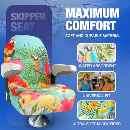 Universal Microfiber Quick-Dry Boat Seat Covers Fitted - Stylish Paradise Parrot Design for Fishing, Deck, Pontoon Boat Seats and More