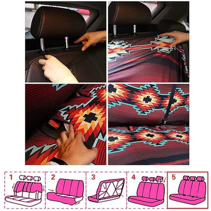 WELLFLYHOM Aztec Print Universal Rear Split Bench Seat Cover for Cars Truck SUV No Headrest Tribal Turquoise Geometric Stripe Design Back Seat Backrest Saddle Blanket Protector Set of 2 - color: Blue Aztec Print