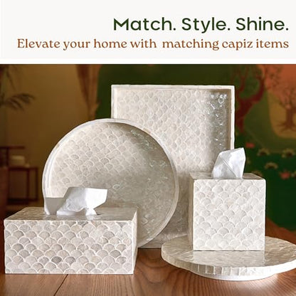 CHI AN HOME Rectangular Capiz Tissue Box Cover, Decorative Mother of Pearl Inlay Tissue Box Holder for Bedroom, Bathroom, Kitchen, and Office, Rectangle Tissue Box Cover White (10.25” x 5.9” x 4.33”) - size: Rectangular