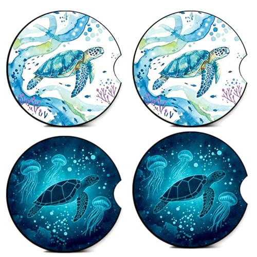 4PCS Sea Turtle Car Coasters,Car Coasters for Cup Holder,Sea Turtle Cars Accessories Interior Decor Universal Neoprene 2.75" Anti-Slip Rubber Mat with Finger Slot,Gifts for Women,Men,Driver - color: Sea Turtle