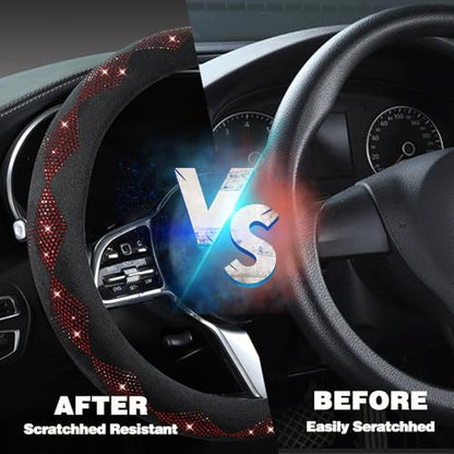 Bling Steering Wheel Cover for Women - Sparkly Crystal Rhinestones on Soft Plush with Checkered Design, Anti-Slip, Universal 15 Inch Car Wheel Protector, Cute Diamond Auto Accessories - color: red diamond +black