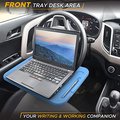 EcoNour 2 in 1 Car Steering Wheel Desk | Steering Wheel Tray for Laptop Car Mount with Pen Holder | Car Food Tray for Eating with Drinks Holder | Multipurpose Travel Car Accessories | Blue - size: Medium-Blue