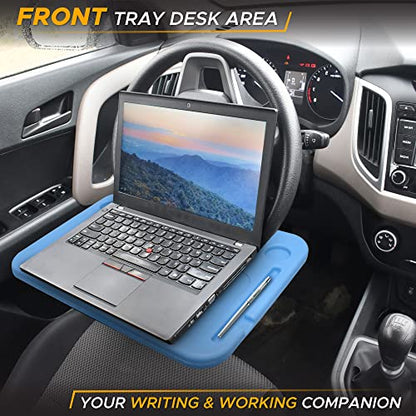 EcoNour 2 in 1 Car Steering Wheel Desk | Steering Wheel Tray for Laptop Car Mount with Pen Holder | Car Food Tray for Eating with Drinks Holder | Multipurpose Travel Car Accessories | Blue - size: Medium-Blue
