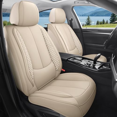 Car Seat Covers Full Set, Luxury Faux Leather Car Seat Covers Waterproof Non-Slip Seat Protector Universal Fit for Most Cars SUVs Trucks Pick-ups,Car Accessories Interior for Women(Beige)
