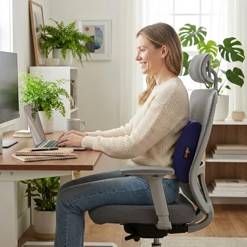 nova Lumbar Back Support Cushion – Contoured High-Density Foam Back Pillow for Office Chair, Car, Plane & Wheelchair – Adjustable Strap, Removable Washable Cover, Navy Blue (14” x 13”) - color: Blue