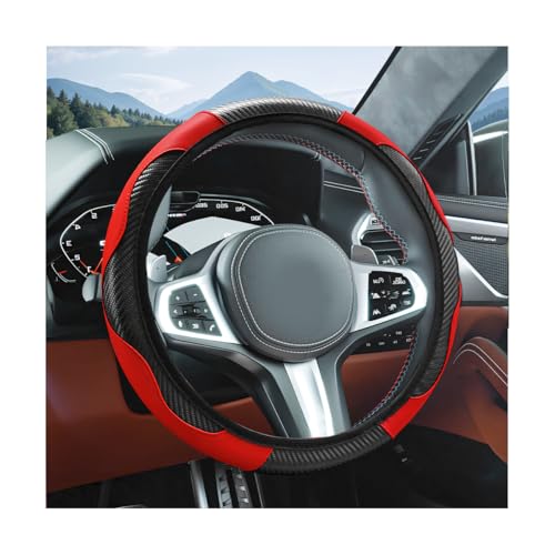 Elastic Car Steering Wheel Cover, Carbon Fiber Leather Automotive Wheel Protector, Anti-Slip Breathable Vehicle Interior Steering Accessories for Men Women, Universal Fit (Black/Red) - color: Black/Red